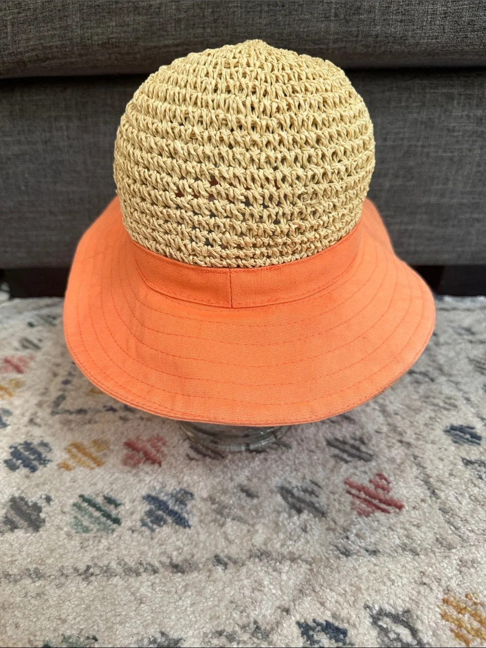Vintage Y2K Tropical Trends Crochet Straw Sun Hat Coral Peach Wide Brim - Picture 3 of 7